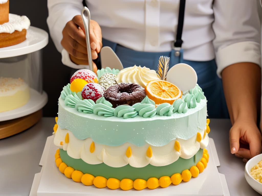  An image of a diverse group of people of different ages, genders, and ethnicities, gathered around a beautifully decorated cake. Each person is holding a piping bag and adding unique decorations to the cake, showcasing teamwork and inclusivity in baking competitions. The background is a simple, clean kitchen setting with modern utensils and ingredients neatly organized, emphasizing the theme of inclusivity in baking contests. hyperrealistic, full body, detailed clothing, highly detailed, cinematic lighting, stunningly beautiful, intricate, sharp focus, f/1. 8, 85mm, (centered image composition), (professionally color graded), ((bright soft diffused light)), volumetric fog, trending on instagram, trending on tumblr, HDR 4K, 8K