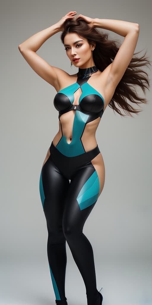  The image depicts a woman with a cubic styled paint, which gives her a geometric, almost robotic appearance. Her body is sculpted with sharp edges and straight lines, appearing rigid in comparison to a traditional, organic depiction of the human form. She is positioned standing upright, with her arms raised above her head as if triumphant. The paint colors are vivid and contrast heavily, giving the artwork a sense of energy and vibrance. The woman's face is not visible, but her expression can be inferred as confident and strong through her posture and the way her body is portrayed. The artist's representation of the woman in this unique style showcases her strength and power, while still maintaining a sense of elegance and beauty.