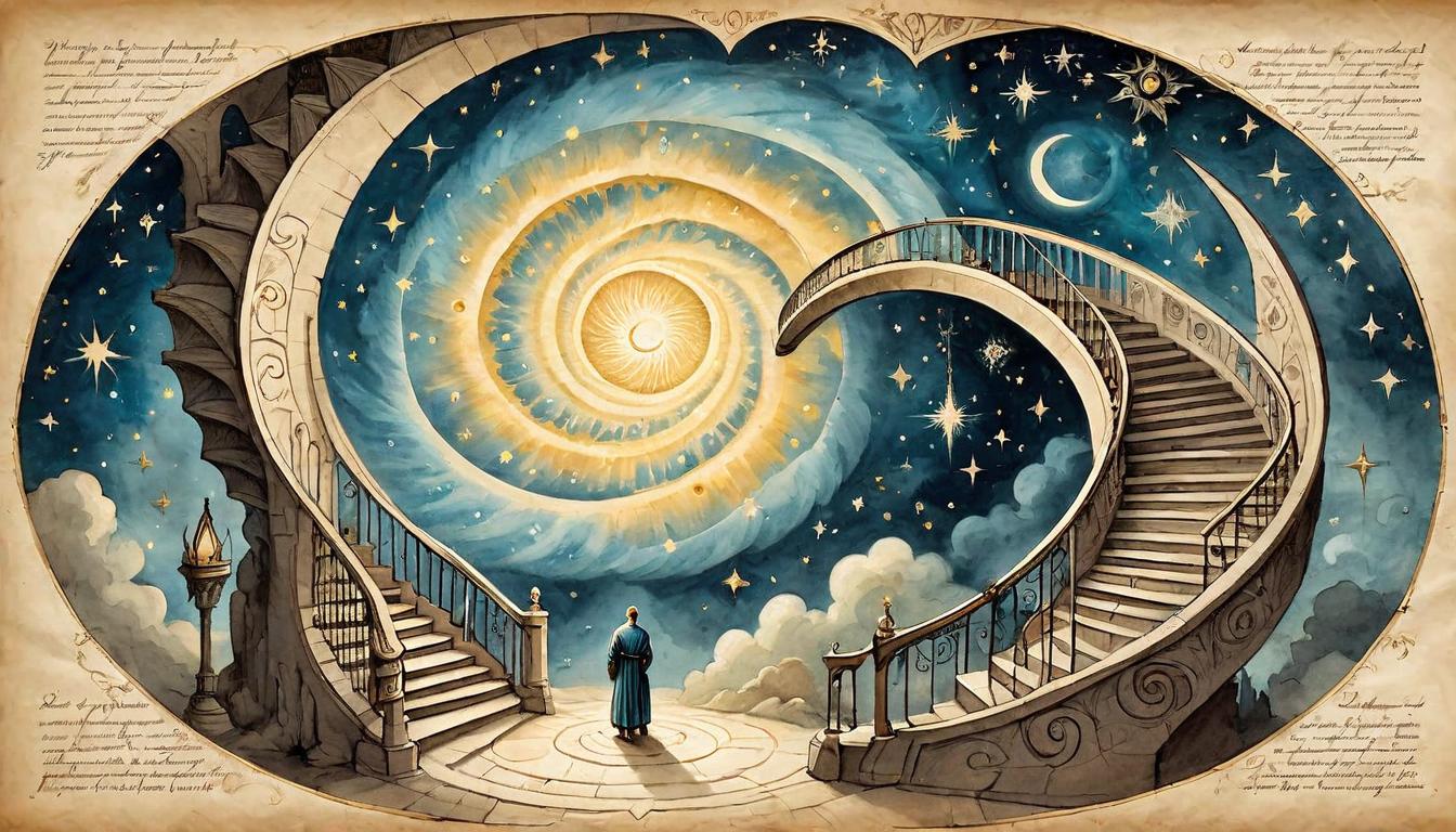  on parchment, surrealism+++, A spiral staircase leading up to a celestial gate, figure ascending with a glowing aura, stars and galaxies swirling around, transformative, uplifting(mysterious, provocative, symbolic,muted color)+++