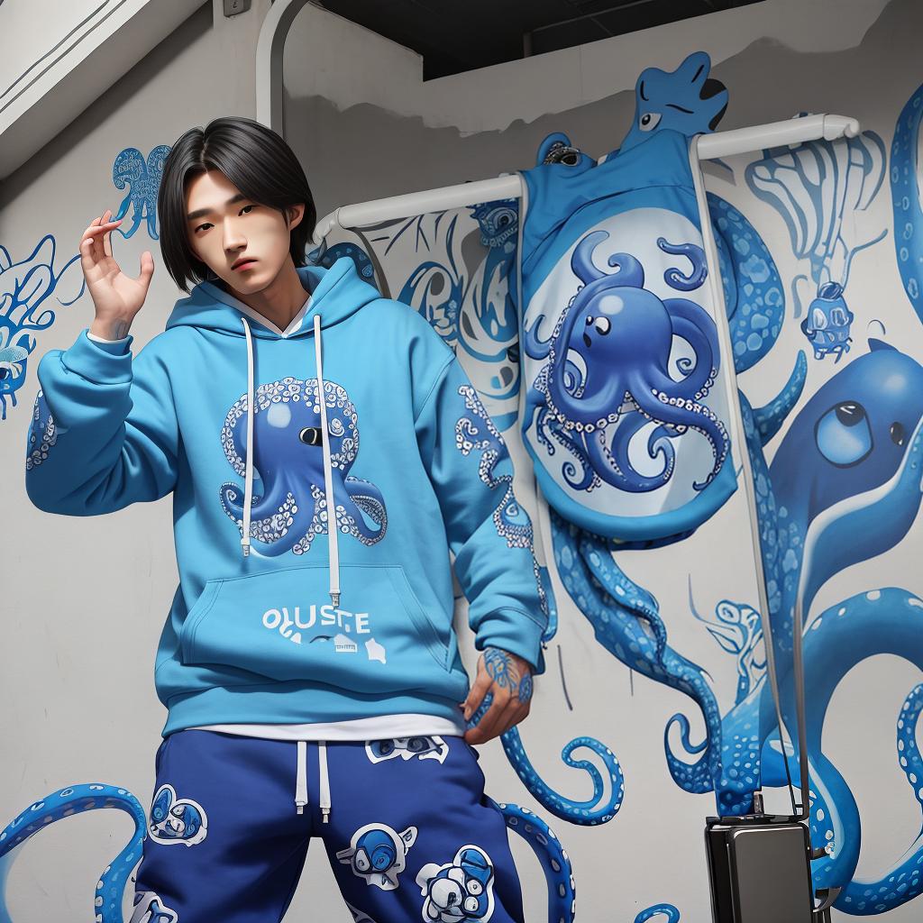  masterpiece, best quality,Graffiti blue octopus printed on hoodie and pants ,