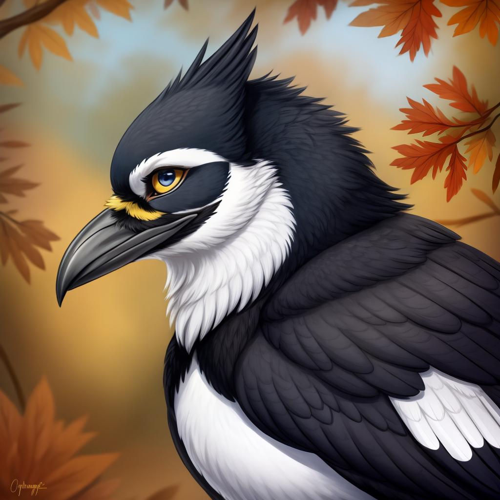  yellow-billed magpie, holarctic magpie, magpie (corvid) , gryphon, open eyes, digital art, masterpiece, 4k, fine details,