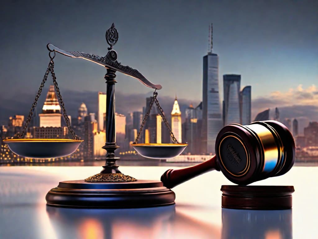  A balanced scale of justice, with one side holding coins and the other side holding a legal gavel, set against the backdrop of a financial district skyline. digital art, ilustration, no flares, clean hyperrealistic, full body, detailed clothing, highly detailed, cinematic lighting, stunningly beautiful, intricate, sharp focus, f/1. 8, 85mm, (centered image composition), (professionally color graded), ((bright soft diffused light)), volumetric fog, trending on instagram, trending on tumblr, HDR 4K, 8K