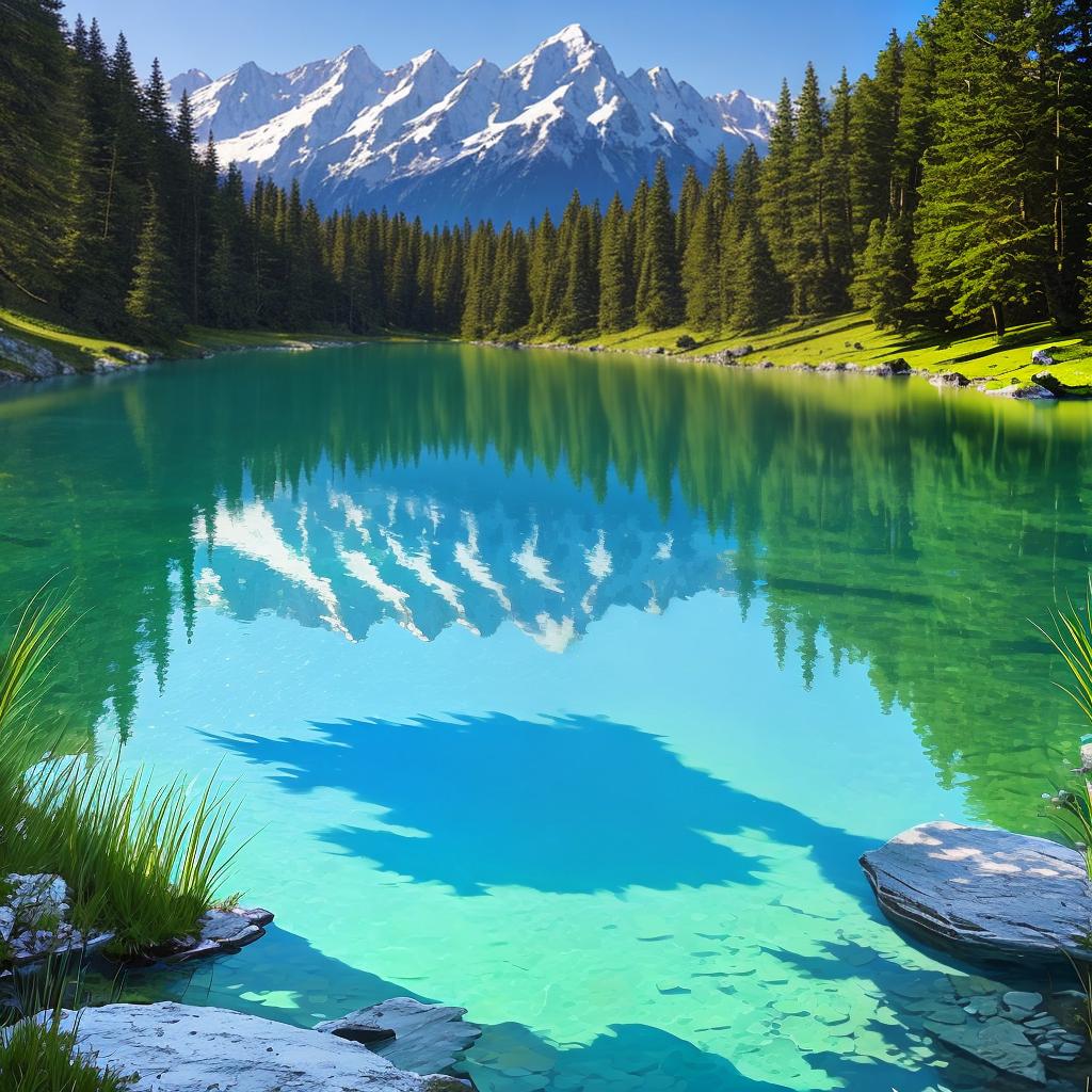  as a painting, Convey the serene majesty of towering mountains reflected in the crystal-clear waters of a tranquil alpine lake, using your unique artistic vision to evoke a sense of awe and tranquility.