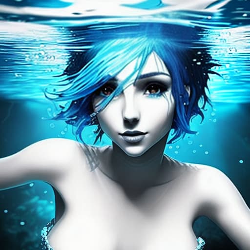  A beautiful woman under water with short blue hair no reaciton