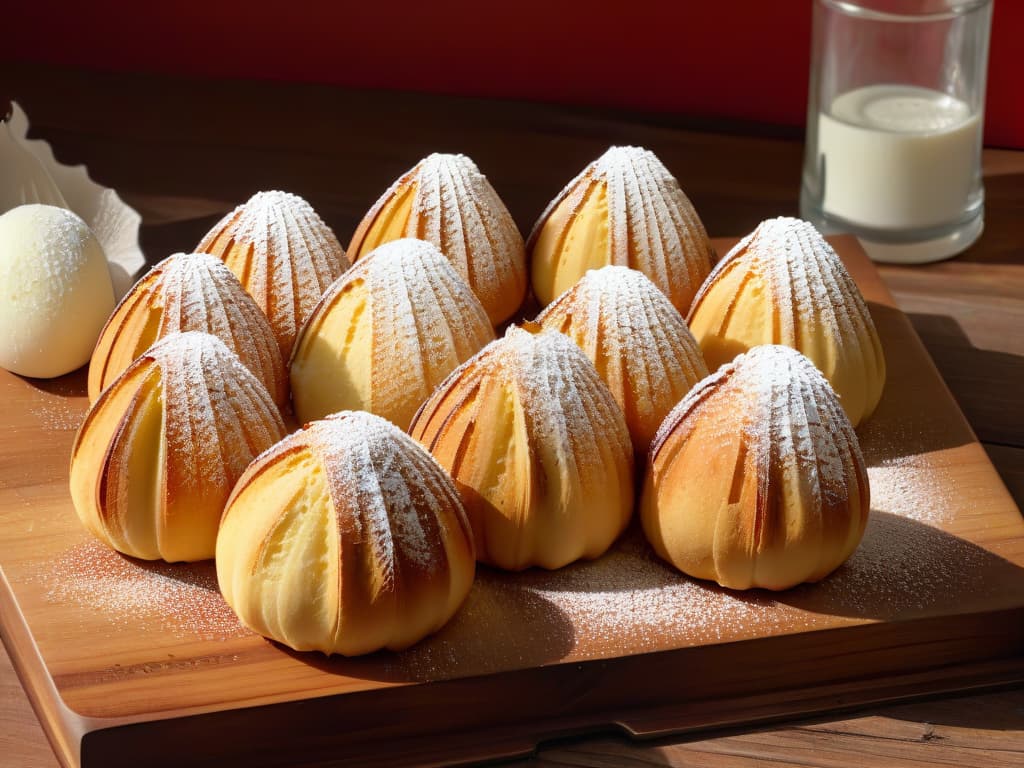  A photorealistic closeup image of a freshly baked batch of goldenbrown madeleines, dusted with a delicate sprinkle of powdered sugar, resting on a rustic wooden cutting board. The madeleines are perfectly shaped, showcasing their signature shelllike ridges and a slight golden crust, emitting a tantalizing aroma of butter and vanilla. The soft, fluffy texture of the madeleines is visible, with a subtle sheen hinting at their moist interior. Sunlight filters through a nearby window, casting a warm, inviting glow on the delectable treats, creating a mouthwatering and visually captivating scene. hyperrealistic, full body, detailed clothing, highly detailed, cinematic lighting, stunningly beautiful, intricate, sharp focus, f/1. 8, 85mm, (centered image composition), (professionally color graded), ((bright soft diffused light)), volumetric fog, trending on instagram, trending on tumblr, HDR 4K, 8K