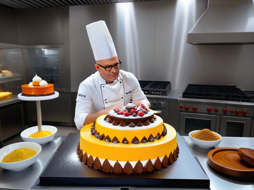  A photorealistic image of Heston Blumenthal meticulously crafting a whimsical and avantgarde dessert masterpiece in a cuttingedge kitchen, surrounded by a variety of innovative baking tools and ingredients. The scene captures the essence of creativity and precision in modern pastrymaking, with vibrant colors and intricate details showcasing the fusion of art and science in Blumenthal's unique approach to creative baking. hyperrealistic, full body, detailed clothing, highly detailed, cinematic lighting, stunningly beautiful, intricate, sharp focus, f/1. 8, 85mm, (centered image composition), (professionally color graded), ((bright soft diffused light)), volumetric fog, trending on instagram, trending on tumblr, HDR 4K, 8K