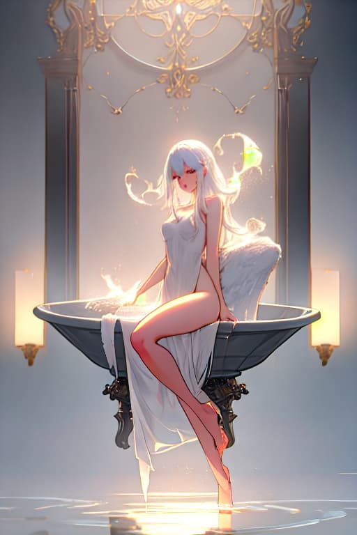  (masterpiece, best quality), communal bathing， white hair ，warm lighting, naked hyperrealistic, full body, detailed clothing, highly detailed, cinematic lighting, stunningly beautiful, intricate, sharp focus, f/1. 8, 85mm, (centered image composition), (professionally color graded), ((bright soft diffused light)), volumetric fog, trending on instagram, trending on tumblr, HDR 4K, 8K