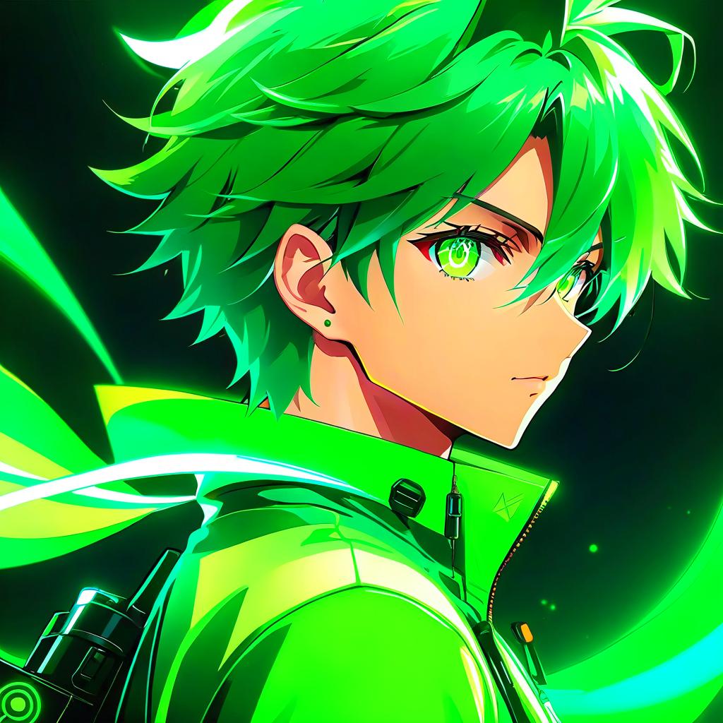  anime artwork Profile picture: green neon style for men. . anime style, key visual, vibrant, studio anime, highly detailed hyperrealistic, full body, detailed clothing, highly detailed, cinematic lighting, stunningly beautiful, intricate, sharp focus, f/1. 8, 85mm, (centered image composition), (professionally color graded), ((bright soft diffused light)), volumetric fog, trending on instagram, trending on tumblr, HDR 4K, 8K