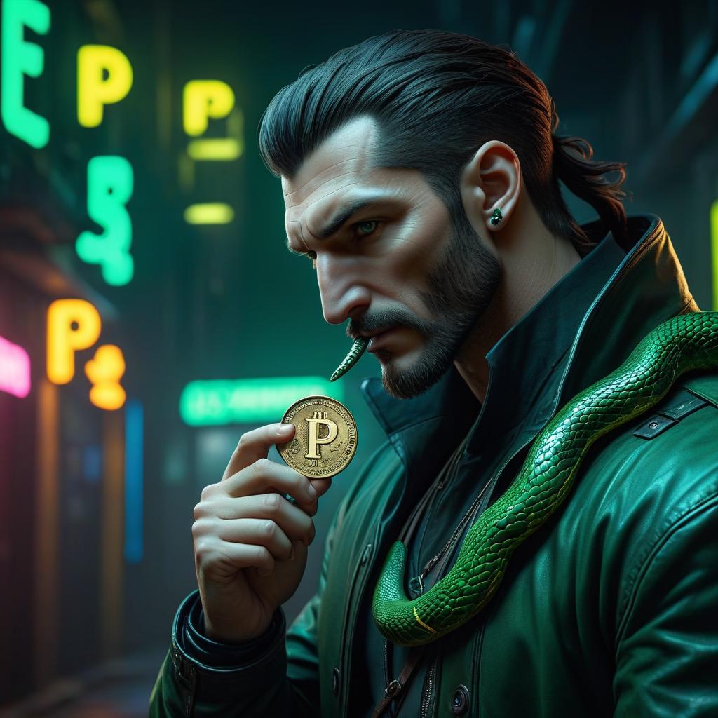  cyberpunk game style The snake, green, holds a coin in its mouth, the letter P on the coin, the snake looks straight. . neon, dystopian, futuristic, digital, vibrant, detailed, high contrast, reminiscent of cyberpunk genre video games hyperrealistic, full body, detailed clothing, highly detailed, cinematic lighting, stunningly beautiful, intricate, sharp focus, f/1. 8, 85mm, (centered image composition), (professionally color graded), ((bright soft diffused light)), volumetric fog, trending on instagram, trending on tumblr, HDR 4K, 8K