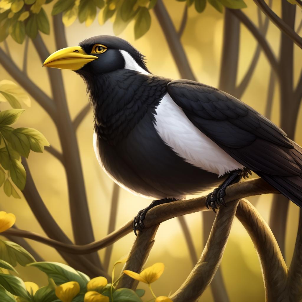  yellow-billed magpie, holarctic magpie, magpie (corvid) , gryphon, yellow beak, yellow undereye circles, open eyes, digital art, masterpiece, 4k, fine details,