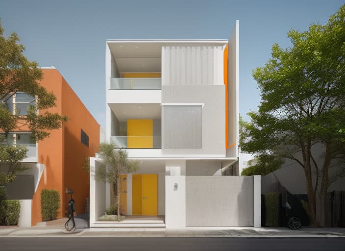  In this detailed art prompt, we envision a stunning modern house captured in a street view perspective. The architecture is sleek and contemporary, with clean lines and geometric shapes that exude a sense of sophistication and minimalism. The color palette is bright and inviting, with hues of warm yellow, orange, and red that create a cheerful and welcoming atmosphere. The daylight is rendered with beautiful brightness, casting a soft and diffused glow that illuminates every corner of the house, highlighting its intricate details and textures. The overall effect is a cinematic and immersive experience that transports the viewer to a vibrant and lively urban landscape.