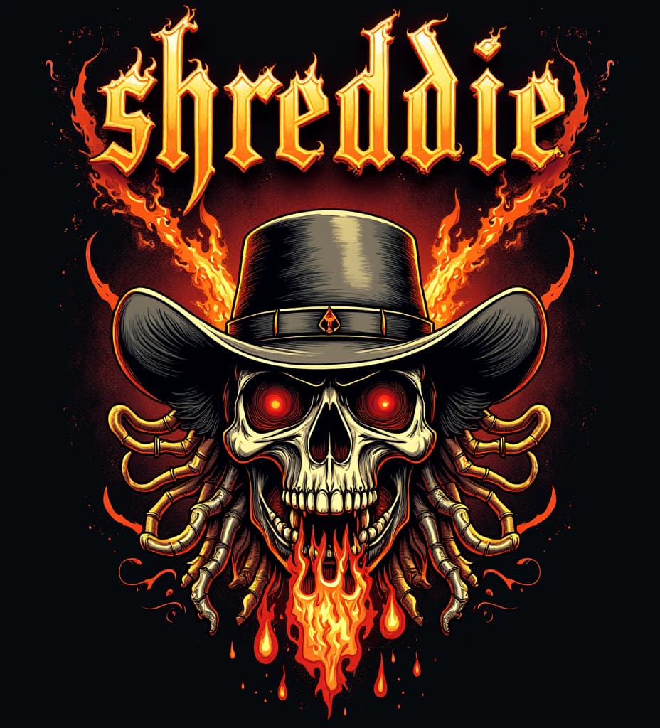  good quality, high quality, metal shirt design. fire and melting elements are part of design. organs are strewn about. the letters "shreddie" on top of the design. wild western themes and design elements are on the shirt as well. outlaw elements.