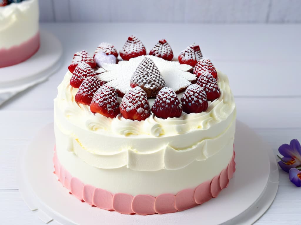  An intricately designed threetiered cake made with layers of fluffy almond flour sponge, filled with a luscious sugarfree raspberry compote, and frosted with a smooth cream cheese icing made with stevia. The cake is adorned with fresh berries, delicate edible flowers, and a dusting of powdered erythritol for a touch of elegance. The background is a soft gradient from pastel pink to lavender, emphasizing the modern and sophisticated presentation of this healthy dessert option. hyperrealistic, full body, detailed clothing, highly detailed, cinematic lighting, stunningly beautiful, intricate, sharp focus, f/1. 8, 85mm, (centered image composition), (professionally color graded), ((bright soft diffused light)), volumetric fog, trending on instagram, trending on tumblr, HDR 4K, 8K