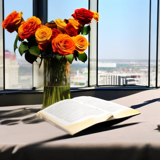 lnkdn photography A book and on top of it a vase with beautiful roses and violets between a tablecloth on a table and a window giving the sun at sunset and a rainbow and seagulls flying in the place