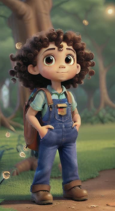  {The tree with a twinkling eye, while its leaves gently rustle., Riley, a curious with big brown eyes and curly hair, wearing overalls and carrying a small backpack. Their friend, Skye, a bluebird with shiny feathers.