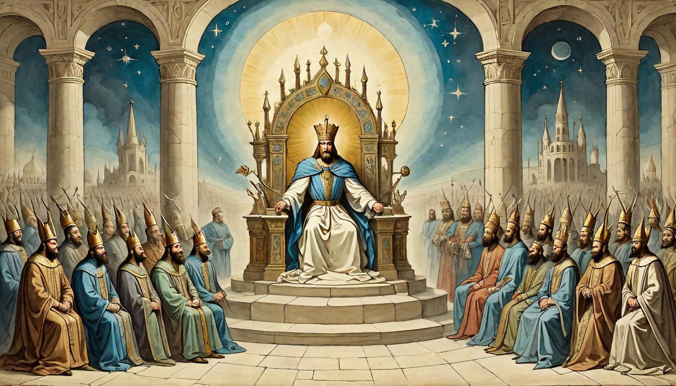  on parchment, surrealism+++, a figure sitting on a throne, adorned in regal garments, a crowd of figures kneeling or bowing in reverence, radiant light emanating from the throne, celestial aura, majestic, authoritative(mysterious, provocative, symbolic,muted color)+++