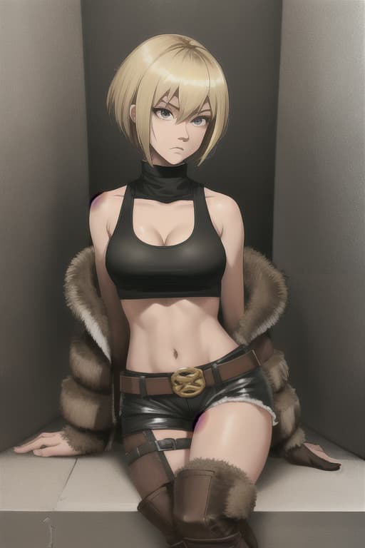  Hot pants, thigh tightening belt, fur with fur, tank top inner, booth, big tits, short boots, brown skin, blonde short hair, one leg nisso, shy face, shy face, thighs.