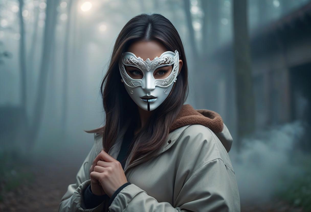  The girl is holding a mask in her hands. hyperrealistic, full body, detailed clothing, highly detailed, cinematic lighting, stunningly beautiful, intricate, sharp focus, f/1. 8, 85mm, (centered image composition), (professionally color graded), ((bright soft diffused light)), volumetric fog, trending on instagram, trending on tumblr, HDR 4K, 8K