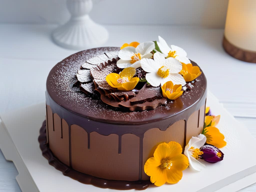  A closeup, ultradetailed image of a perfectly plated dessert, showcasing intricate layers of a decadent chocolate cake, glossy ganache, delicate edible flowers, and a dusting of gold flakes on a pristine white plate. The lighting highlights the textures and colors, creating a visually stunning and appetizing composition that exudes elegance and sophistication. hyperrealistic, full body, detailed clothing, highly detailed, cinematic lighting, stunningly beautiful, intricate, sharp focus, f/1. 8, 85mm, (centered image composition), (professionally color graded), ((bright soft diffused light)), volumetric fog, trending on instagram, trending on tumblr, HDR 4K, 8K