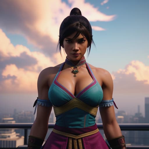  (Josie Rizal [Tekken 7]:1.3),send image <smirks softly> As soon as dawn broke over rooftops far below us—the colors spread over sky like paint—her fingers gripped mine tightly <laugh>. hyperrealistic, full body, detailed clothing, highly detailed, cinematic lighting, stunningly beautiful, intricate, sharp focus, f/1. 8, 85mm, (centered image composition), (professionally color graded), ((bright soft diffused light)), volumetric fog, trending on instagram, trending on tumblr, HDR 4K, 8K