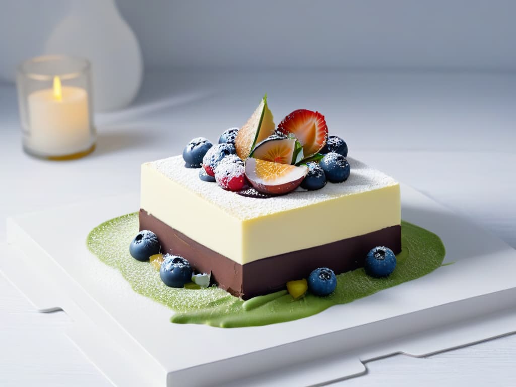  A minimalist image of a beautifully crafted dessert with intricate layers and delicate decorations, showcasing a fusion of flavors and cultures. The dessert is elegantly presented on a simple, white plate, emphasizing the artistry and storytelling aspect of pastrymaking. The focus is on the fine details of the dessert, highlighting the skill and creativity involved in creating a harmonious blend of ingredients and narratives. hyperrealistic, full body, detailed clothing, highly detailed, cinematic lighting, stunningly beautiful, intricate, sharp focus, f/1. 8, 85mm, (centered image composition), (professionally color graded), ((bright soft diffused light)), volumetric fog, trending on instagram, trending on tumblr, HDR 4K, 8K