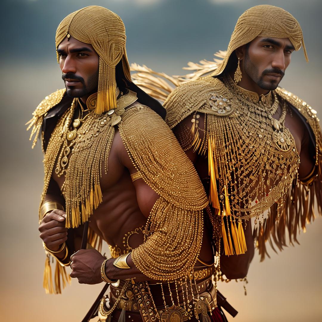  Guns gold Indians war hyperrealistic, full body, detailed clothing, highly detailed, cinematic lighting, stunningly beautiful, intricate, sharp focus, f/1. 8, 85mm, (centered image composition), (professionally color graded), ((bright soft diffused light)), volumetric fog, trending on instagram, trending on tumblr, HDR 4K, 8K