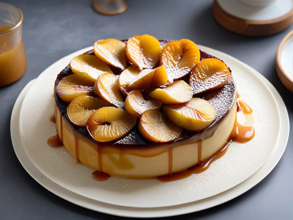  A highresolution, ultradetailed image of a perfectly caramelized Tarta Tatin de pera, showcasing goldenbrown pear slices layered in a perfectly baked pastry crust, topped with a glossy caramel glaze and a sprinkle of powdered sugar. The image should capture the intricate layers and textures of this classic French dessert, presented on a simple, elegant white plate against a soft, blurred background to emphasize the minimalistic style. hyperrealistic, full body, detailed clothing, highly detailed, cinematic lighting, stunningly beautiful, intricate, sharp focus, f/1. 8, 85mm, (centered image composition), (professionally color graded), ((bright soft diffused light)), volumetric fog, trending on instagram, trending on tumblr, HDR 4K, 8K