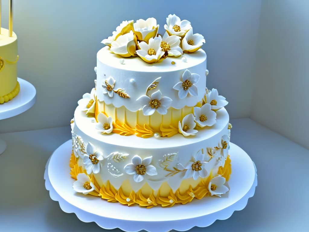  A photorealistic image of a beautifully decorated multitiered cake, showcasing intricate piping details, delicate fondant flowers, and elegant gold accents. The cake is displayed on a white marble cake stand, surrounded by piping bags, fondant tools, and edible pearls, creating a luxurious and inspiring scene for beginner cake decorators to aspire to. The lighting is soft, highlighting the craftsmanship and artistry of the cake decoration. hyperrealistic, full body, detailed clothing, highly detailed, cinematic lighting, stunningly beautiful, intricate, sharp focus, f/1. 8, 85mm, (centered image composition), (professionally color graded), ((bright soft diffused light)), volumetric fog, trending on instagram, trending on tumblr, HDR 4K, 8K