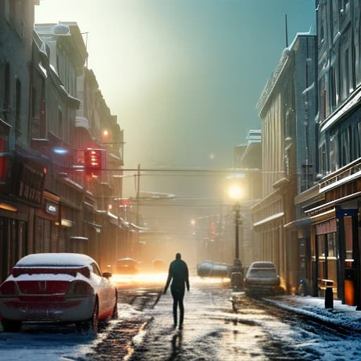 redshift style Beautiful night city in a snowy day hyperrealistic, full body, detailed clothing, highly detailed, cinematic lighting, stunningly beautiful, intricate, sharp focus, f/1. 8, 85mm, (centered image composition), (professionally color graded), ((bright soft diffused light)), volumetric fog, trending on instagram, trending on tumblr, HDR 4K, 8K