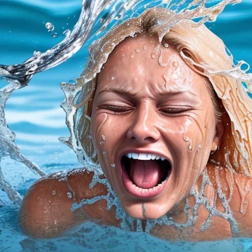  tanned blonde woman's face sinking in the water she's screaming and panic a lot of water waves and splashes around