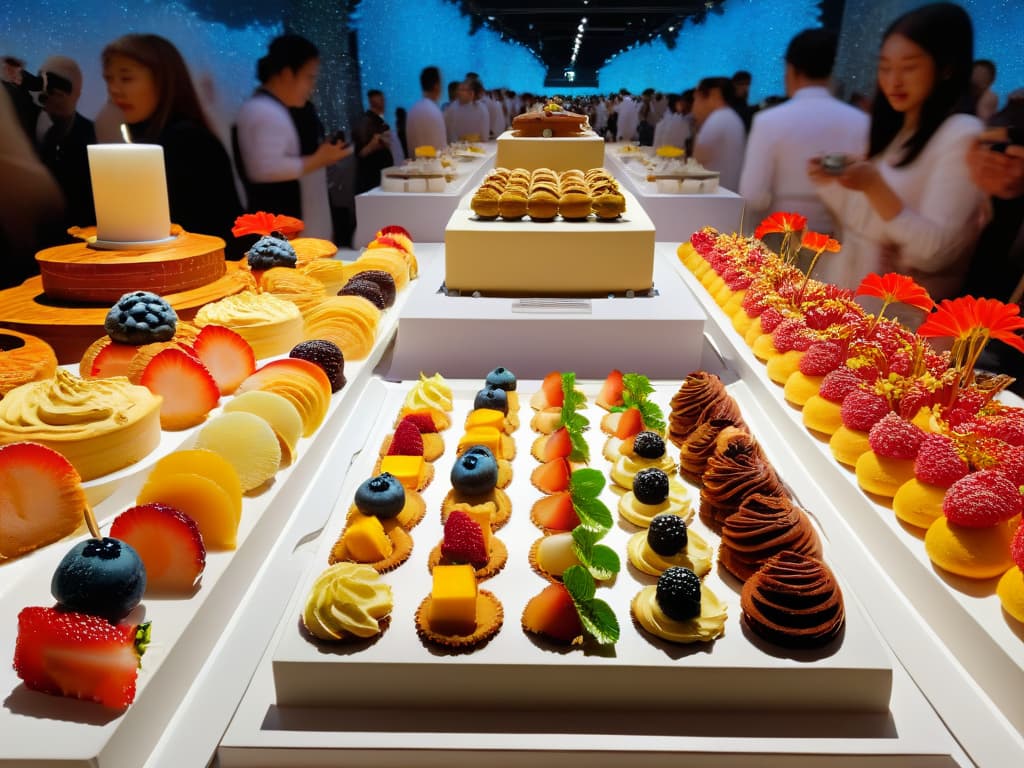  A photorealistic image of a vibrant dessert festival scene, showcasing a variety of colorful and intricately designed desserts displayed on elegant platters. The background features a bustling crowd of diverse people taking photos and interacting with the desserts, with social media icons subtly integrated into the scene to emphasize the impact of social media on the popularity of dessert festivals. The image is rich in detail, capturing the textures and details of each dessert, as well as the excitement and energy of the event. hyperrealistic, full body, detailed clothing, highly detailed, cinematic lighting, stunningly beautiful, intricate, sharp focus, f/1. 8, 85mm, (centered image composition), (professionally color graded), ((bright soft diffused light)), volumetric fog, trending on instagram, trending on tumblr, HDR 4K, 8K