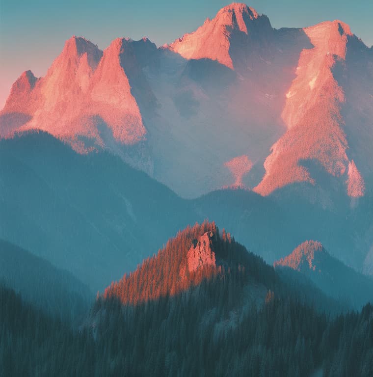 analog style a serene mountain landscape at sunset. 8k digital render.