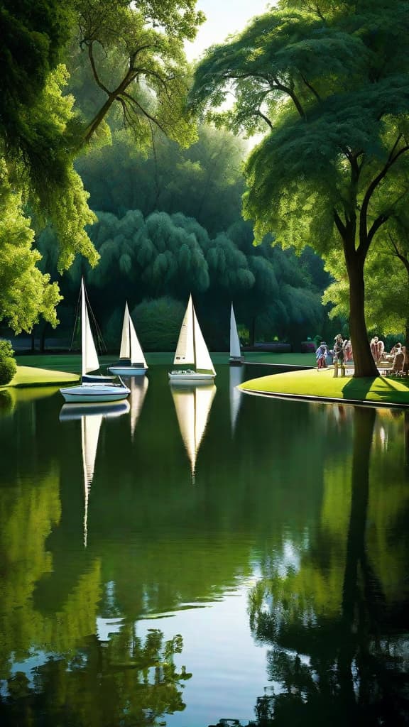  (A tranquil lakeside scene at a lush botanical garden. The calm waters of the lake reflect the sailboats gently gliding across the surface. The lakeside is surrounded by a verdant grove of trees providing ample shade. The overall atmosphere is serene and idyllic.) hyperrealistic, full body, detailed clothing, highly detailed, cinematic lighting, stunningly beautiful, intricate, sharp focus, f/1. 8, 85mm, (centered image composition), (professionally color graded), ((bright soft diffused light)), volumetric fog, trending on instagram, trending on tumblr, HDR 4K, 8K