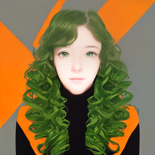  A girl with long hair curl leaves green and orange
