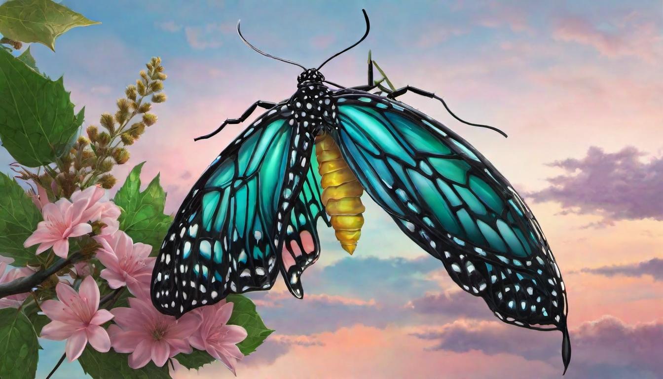  digital illustration A chrysalis suspended against a backdrop of dawn light, symbolizing transformation, the essence of being poised for emergence, soft, pastel skies, renewal, imminent evolution looking at viewer, dynamic pose, (intricate details, masterpiece, best quality)