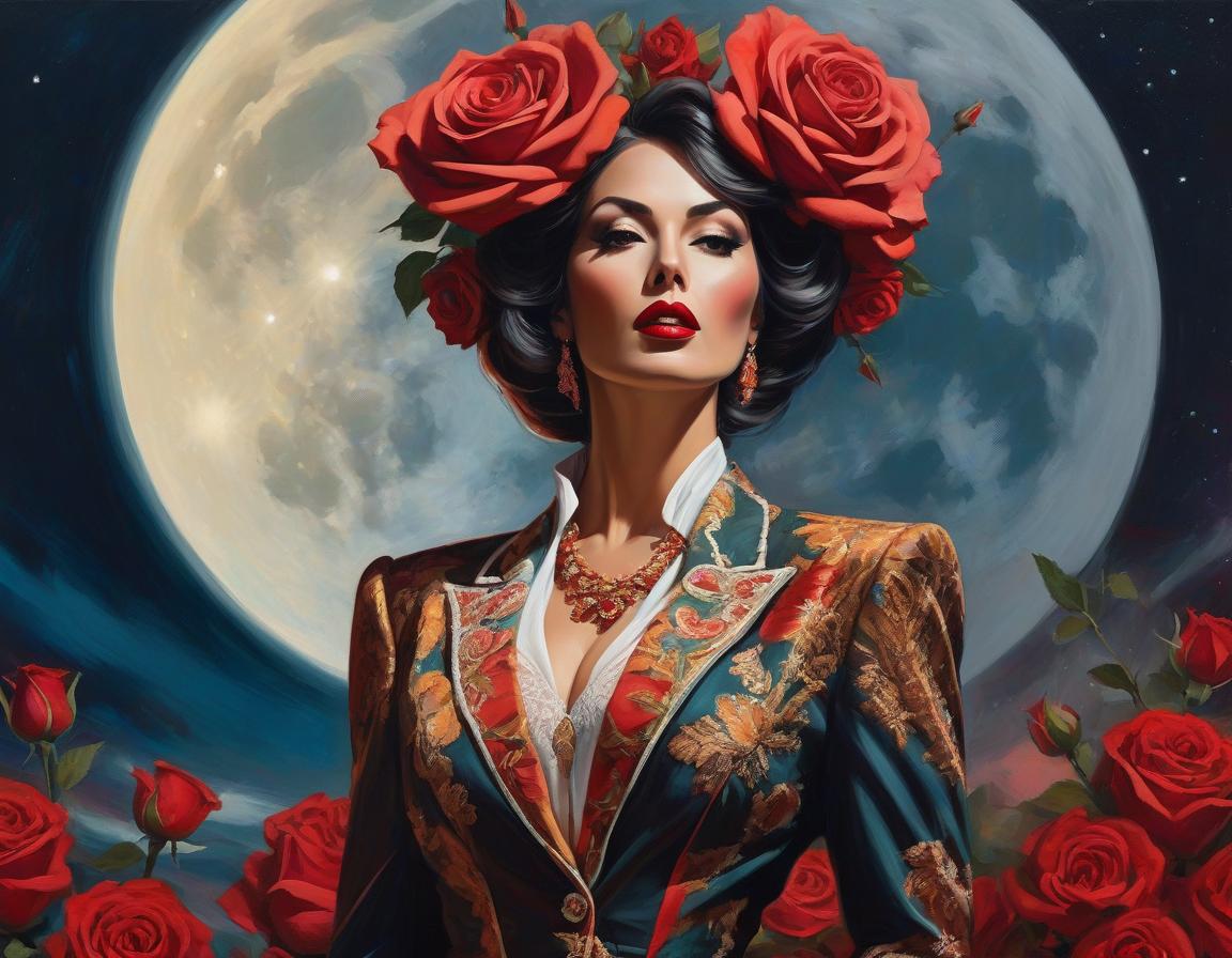  abstract expressionist painting An elaborate digital artwork of a woman in vintage attire with roses and a lunar backdrop. . energetic brushwork, bold colors, abstract forms, expressive, emotional hyperrealistic, full body, detailed clothing, highly detailed, cinematic lighting, stunningly beautiful, intricate, sharp focus, f/1. 8, 85mm, (centered image composition), (professionally color graded), ((bright soft diffused light)), volumetric fog, trending on instagram, trending on tumblr, HDR 4K, 8K