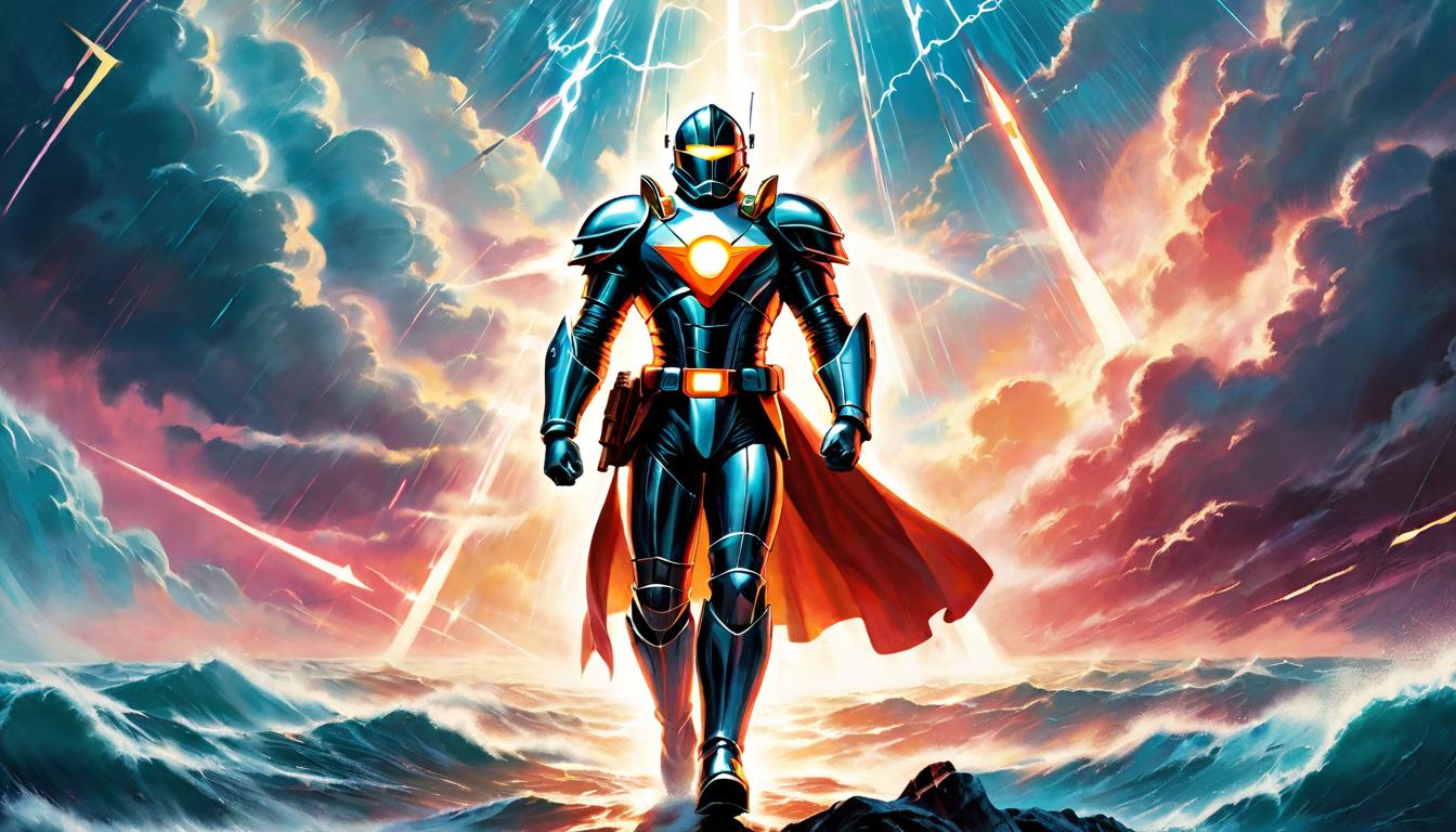  retro futuristic A figure standing determined amid a storm, clothed in radiant armor of light, embodying unwavering commitment. Unshakeable resolve, beacon of positivity, force against negativity. lvintage sci fi, 50s and 60s style, atomic age, vibrant, highly detailed