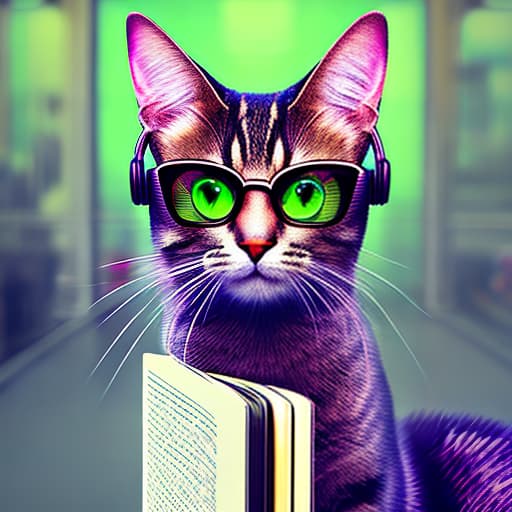 nvinkpunk Realistic image of a cat wearing headphones and reading glasses while riding a bus., realsim, barbie, digital art hyperrealistic, full body, detailed clothing, highly detailed, cinematic lighting, stunningly beautiful, intricate, sharp focus, f/1. 8, 85mm, (centered image composition), (professionally color graded), ((bright soft diffused light)), volumetric fog, trending on instagram, trending on tumblr, HDR 4K, 8K