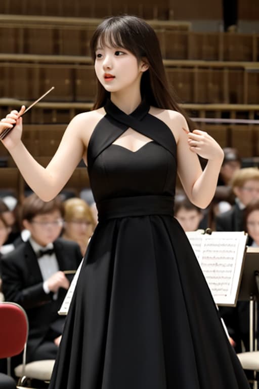  masterpiece, best quality, A 20 year old woman who conducts an orchestra conducts while wearing a black dress.