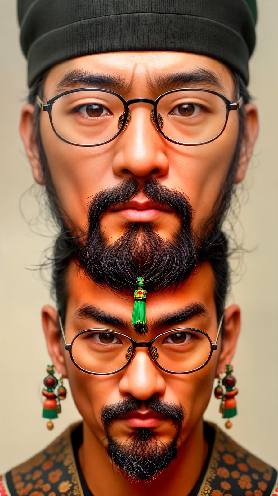  (8k, photorealistic, RAW photo, best quality: 1.4), (photorealistic:1.4), (realistic face), realistic eyes, (realistic skin), ((((masterpiece)))), best quality, very high resolution, ultra detailed, in frame, prominent nose, glasses, totem pole like face, Japanese, young man, serious expression, unique features, traditional attire, cultural symbol, thoughtful gaze, distinctive nose, eyeglasses, Asian, traditional Japanese features, stoic look, striking appearance, totem pole inspiration, ethnic characteristics, iconic style