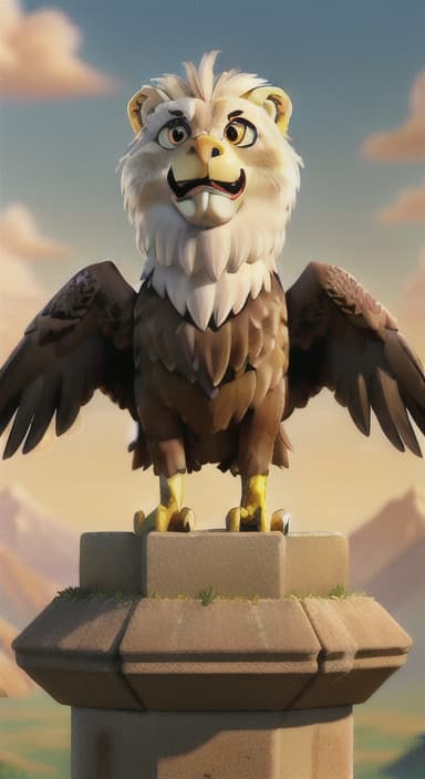  {The eagle calling to the lion from up in the sky, The lion has a golden mane and bright, curious eyes. The eagle is large with a sharp beak and powerful wings.