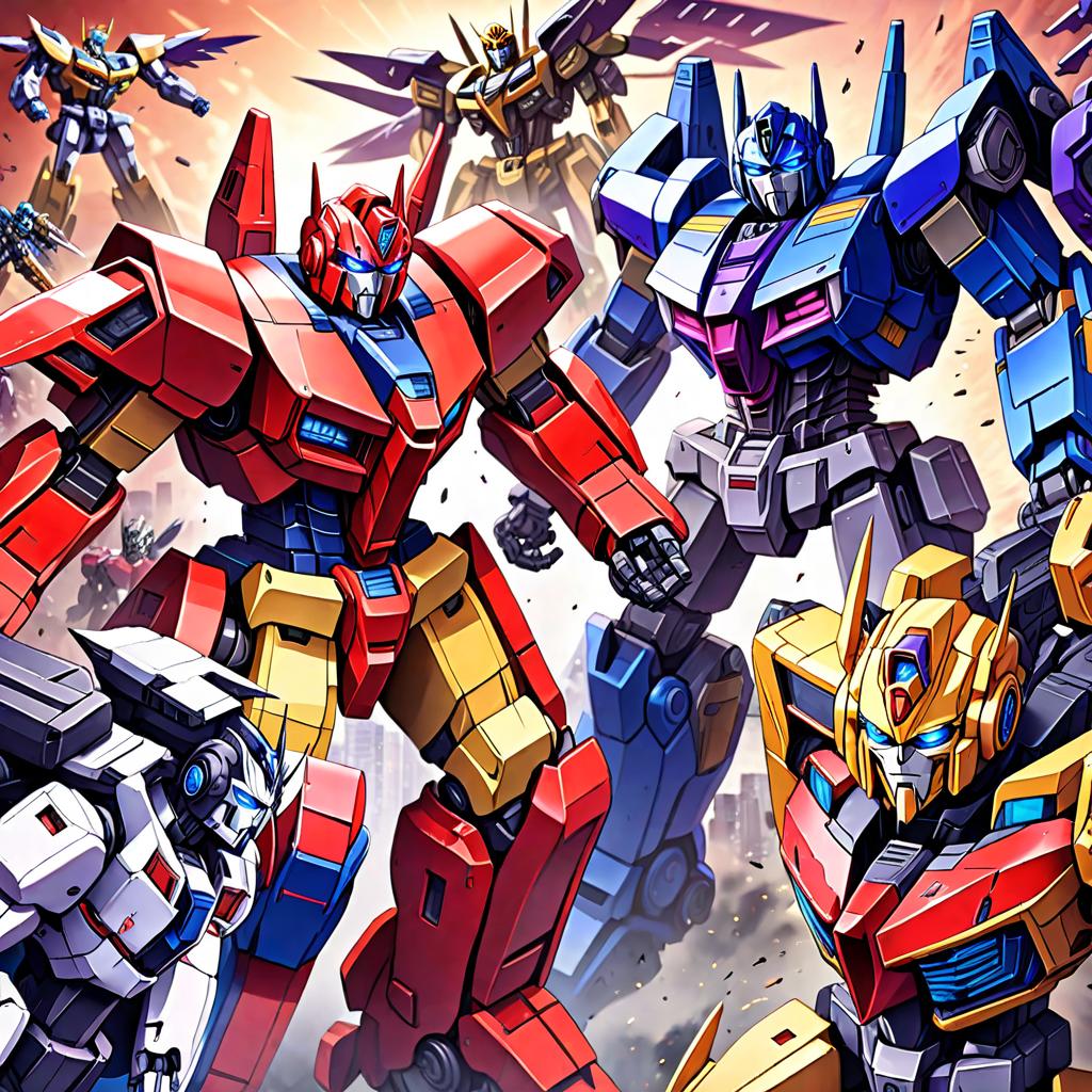  anime style artwork, (masterpiece:1.1), (highest quality:1.1), battle between autobots and deceptions, anime style, key visual, vibrant, studio anime, highly detailed