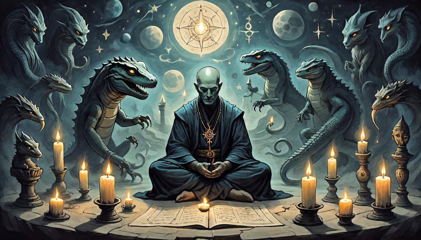  on parchment, surrealism+++, A serene ritual space, human figure in meditative pose, surrounded by softly glowing candles and celestial symbols, reptilian figure observing from the shadows, mystical, tranquil atmosphere, dark tones(mysterious, provocative, symbolic,muted color)+++