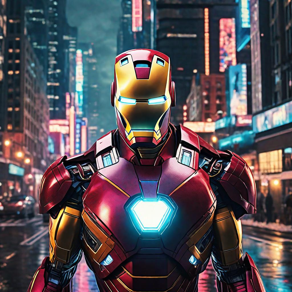  masterpiece, best quality, masterpiece, 8k resolution, realistic, highly detailed, Iron Man close-up. He stands on a street lined with tall buildings in a cyberpunk style city at night. The city's night lights are bright, and the surrounding buildings and streets are full of cyberpunk elements such as neon lights, high-tech equipment and futuristic architectural design.