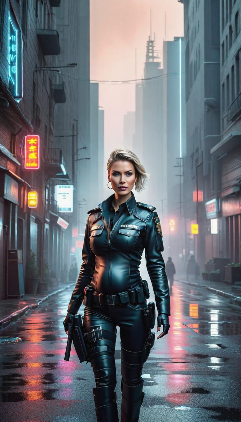  Cyberpunk style depiction of Pregnant police officer . The scene is set in a world where technology has advanced, but society and human conditions have not, creating a gritty, dystopian atmosphere. hyperrealistic, full body, detailed clothing, highly detailed, cinematic lighting, stunningly beautiful, intricate, sharp focus, f/1. 8, 85mm, (centered image composition), (professionally color graded), ((bright soft diffused light)), volumetric fog, trending on instagram, trending on tumblr, HDR 4K, 8K