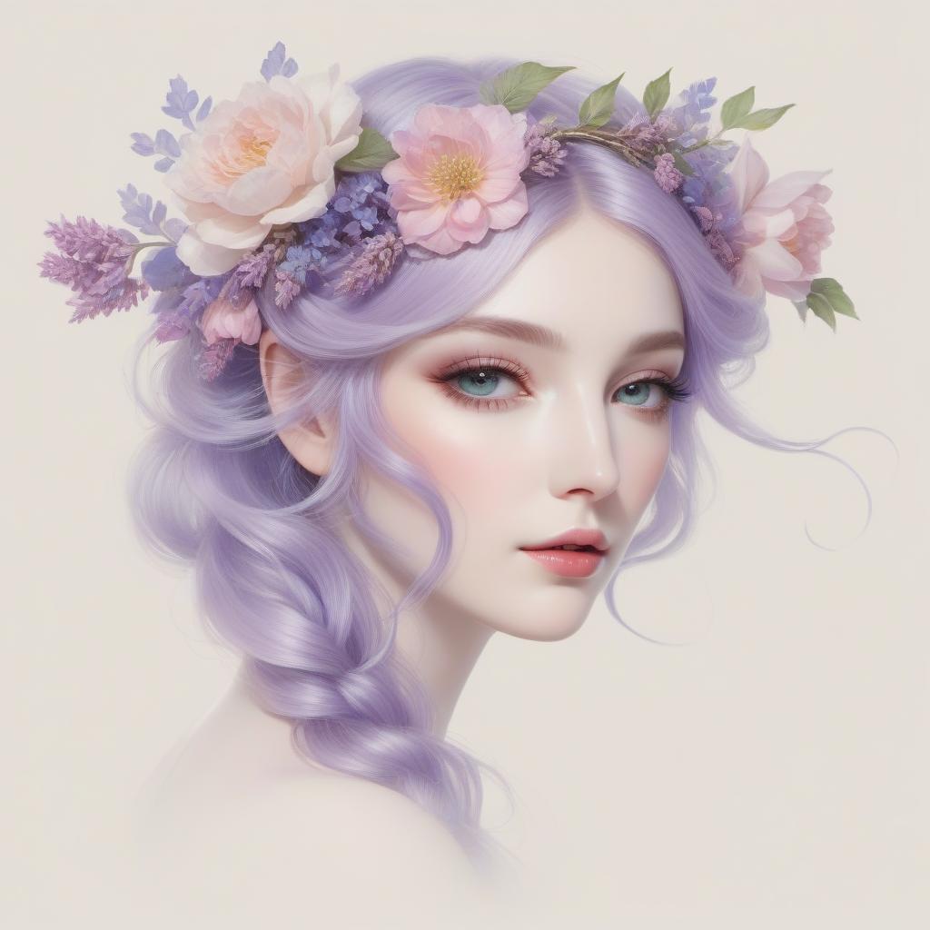  Portrait of a woman with flowers Request: Illustration of A Woman's Head with Trailing Flowers, Serene, Floral Tendrils, Porcelain Skin, Hazel Eyes, Lavender Hair, Loosely Curled, Flower Crown, Enchanted Forest Er Focus, Natural Light, Landscape, Watercolor, Monet, Pastel, Double Exposure, 16k --ar 3: 4 --v 6.0 Model: Midjourney 6 hyperrealistic, full body, detailed clothing, highly detailed, cinematic lighting, stunningly beautiful, intricate, sharp focus, f/1. 8, 85mm, (centered image composition), (professionally color graded), ((bright soft diffused light)), volumetric fog, trending on instagram, trending on tumblr, HDR 4K, 8K