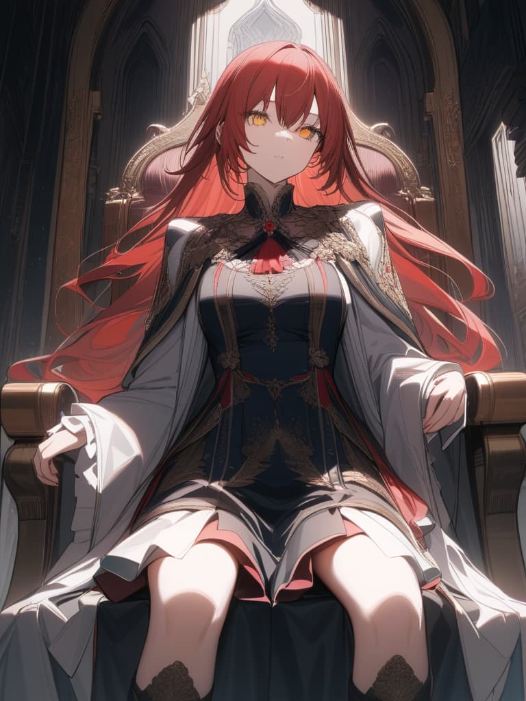  (((Red haired wolf))),(((red haired wolf: 1.5 times the size of the girl,lustrous hair,golden eye color))),black haired girl: vampire,lustrous hair color,delicate red eye color,beautiful face,dignified appearance,throne room,dark background,masterpiece,ultra precise,ultra high resolution,ultra analysis,absurd,8K, masterpiece, best quality,8k,ultra detailed,high resolution,an extremely delicate and beautiful,hyper detail