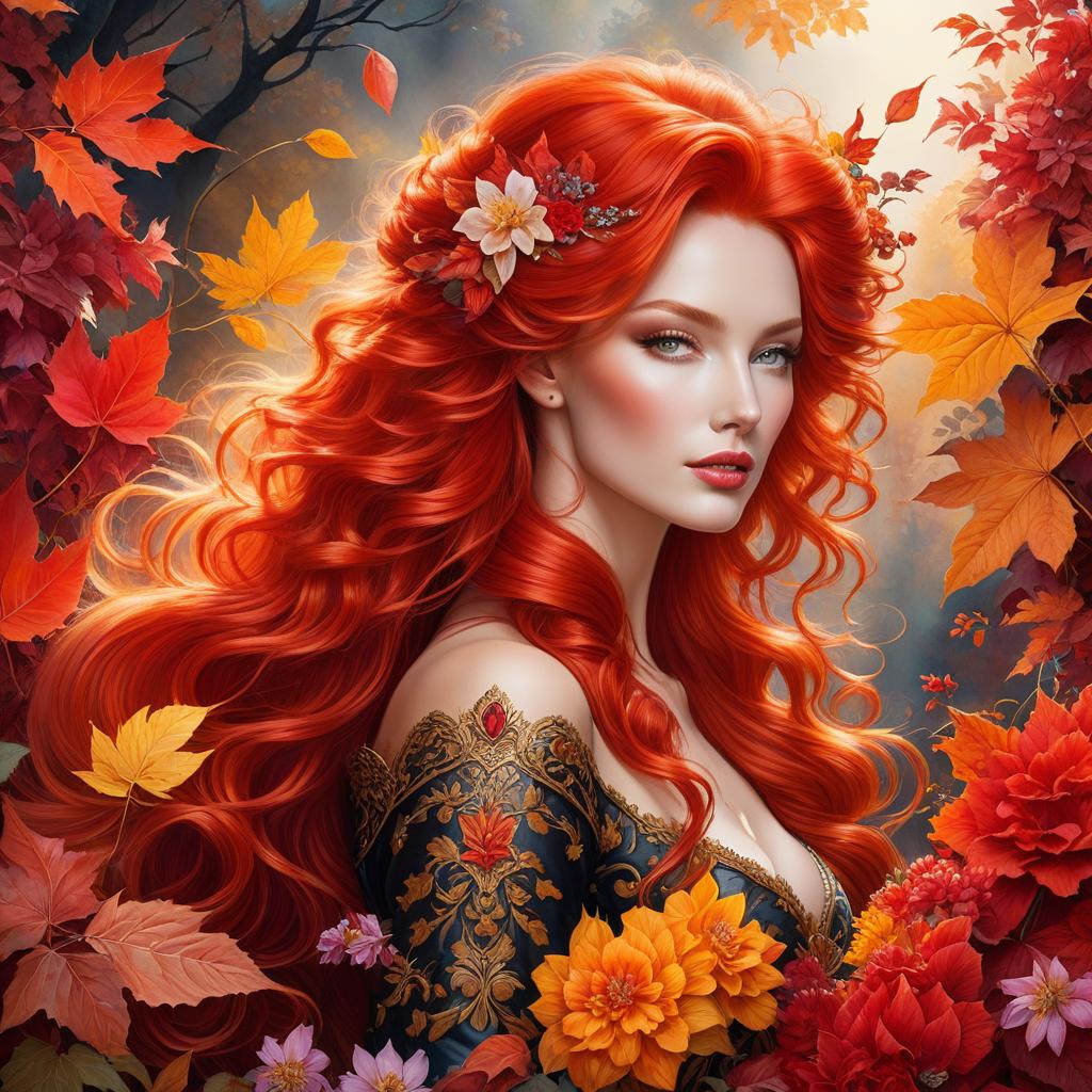  A watercolor drawing based on the harmony of complementary triad colors. Bright red haired vixen whose silhouette is filled with flowers and whimsical leaves. On a background of flowers and autumn leaves. Bright colors, complex background with plant ornamentation. Complex neorococo, surrealist abstractionism. In the style of works by Luis Royo and Minjae Lee. Highly detailed, rich, intricate details, high quality. hyperrealistic, full body, detailed clothing, highly detailed, cinematic lighting, stunningly beautiful, intricate, sharp focus, f/1. 8, 85mm, (centered image composition), (professionally color graded), ((bright soft diffused light)), volumetric fog, trending on instagram, trending on tumblr, HDR 4K, 8K