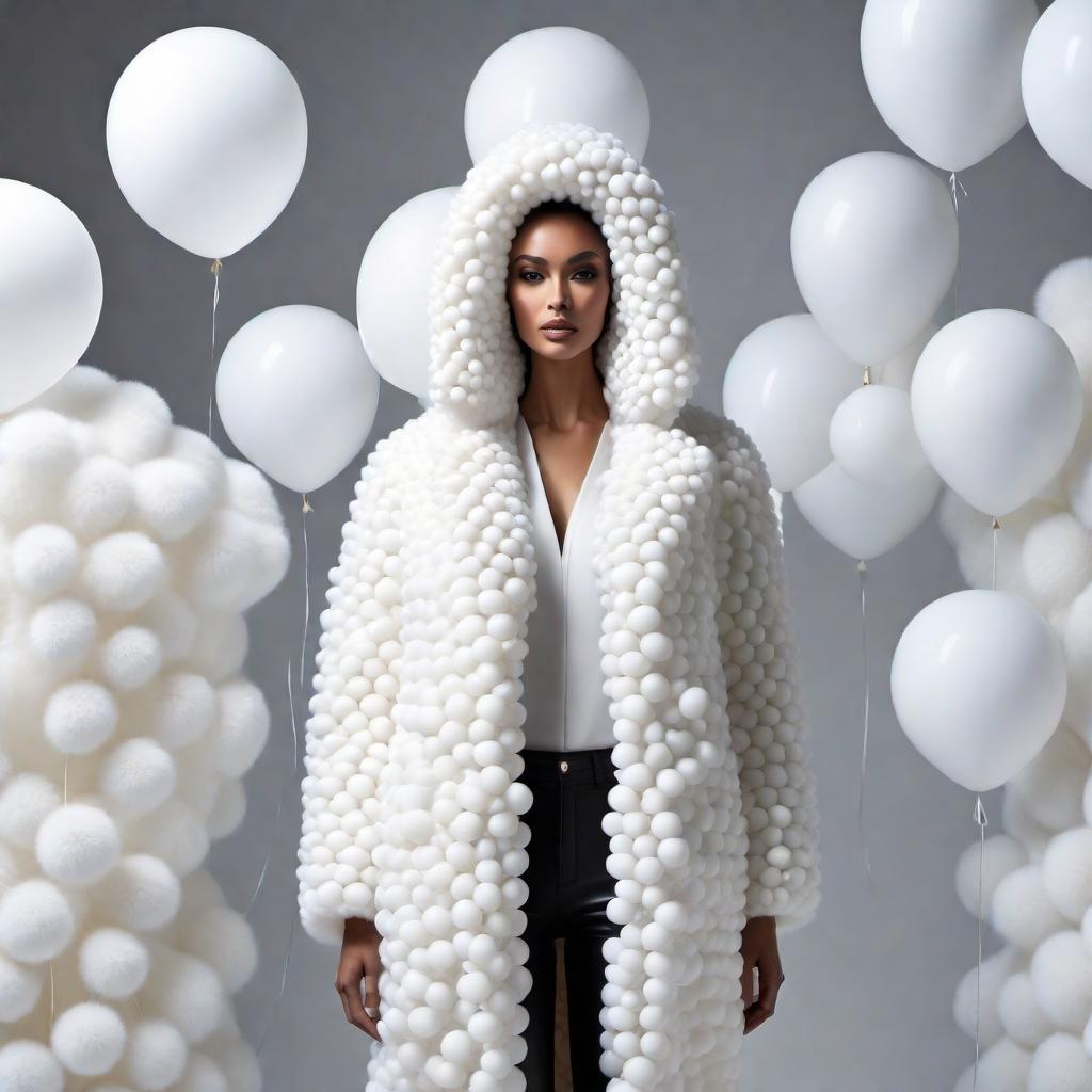  Design a unique coat that draws inspiration from traditional fur but is made of extremely small, bean-shaped sheer balloons. The balloons should be all white, attached densely to an oversized hooded coat, giving the impression of a fluffy texture similar to fur but with a translucent, bubble-like quality. hyperrealistic, full body, detailed clothing, highly detailed, cinematic lighting, stunningly beautiful, intricate, sharp focus, f/1. 8, 85mm, (centered image composition), (professionally color graded), ((bright soft diffused light)), volumetric fog, trending on instagram, trending on tumblr, HDR 4K, 8K