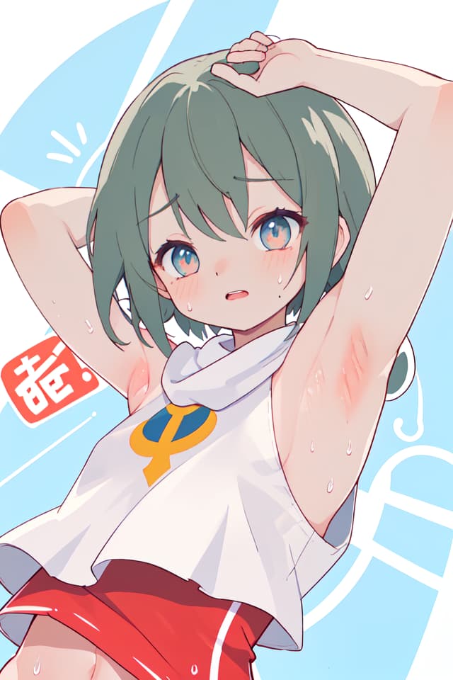  Sleeve, the armpits can be seen, both arms are raised, armpit sweat